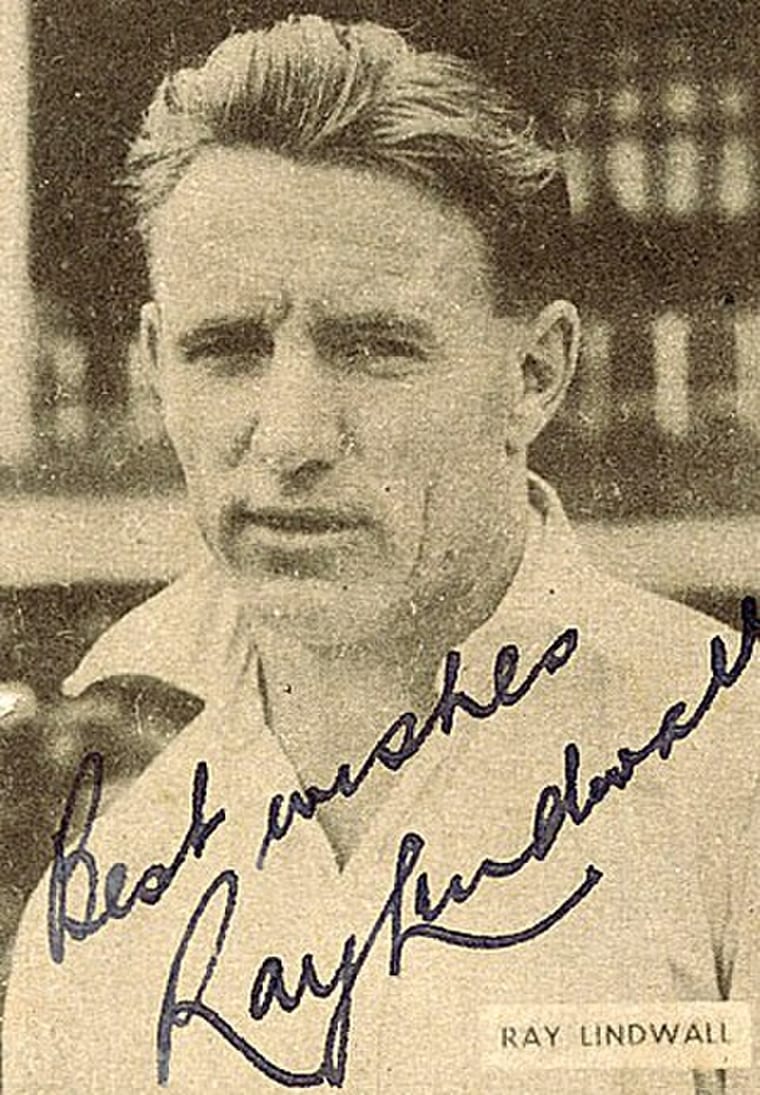 A signed sports card of Lindwall.