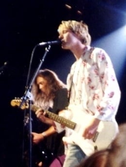 Kurt Cobain performing live on stage in 1992