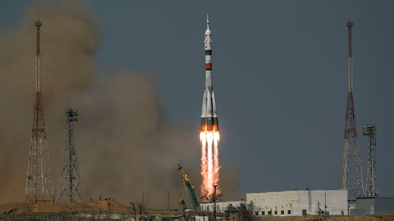 Soyuz MS-18 is launched from the Baikonur Cosmodrome, carrying three members of 