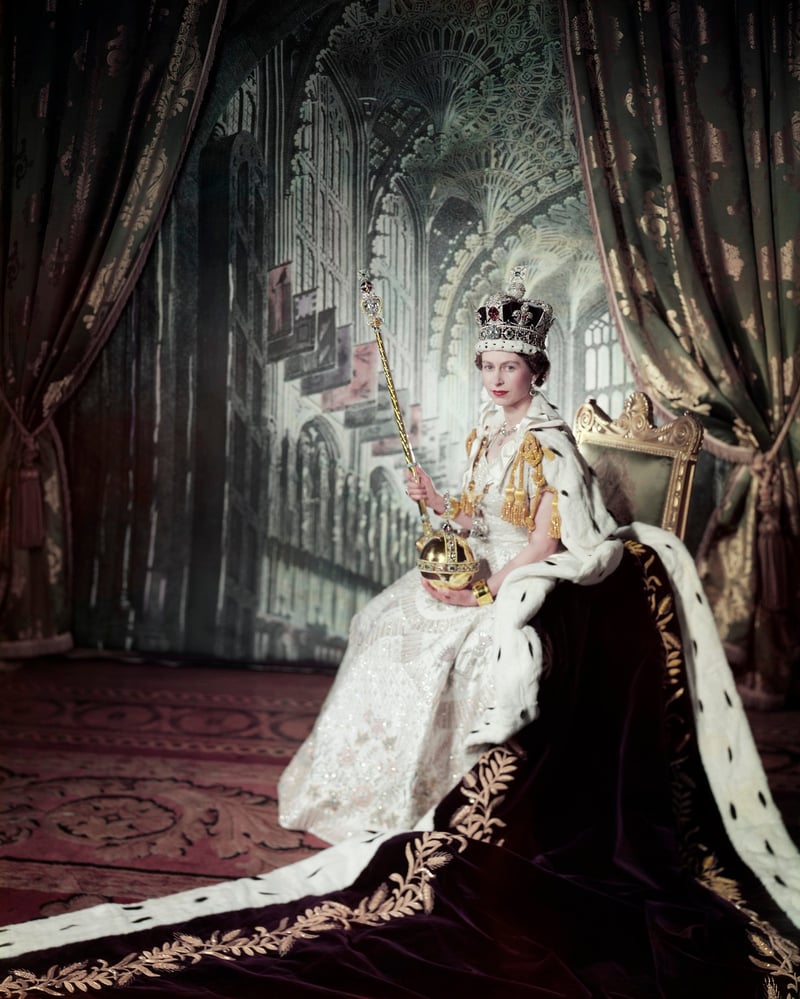 Queen Elizabeth II wearing coronation regalia at Westminster Abbey ceremony