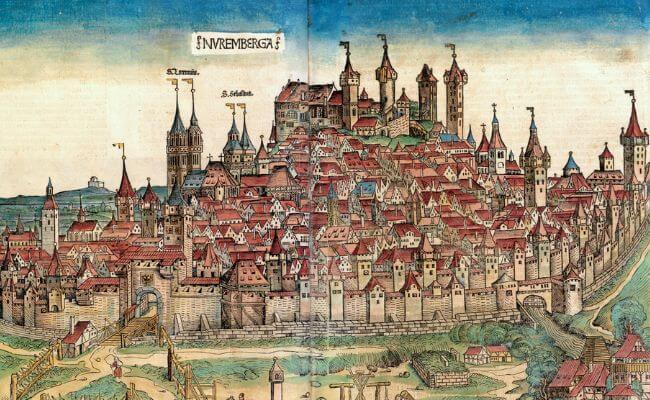 Woodcut town view from Nuremberg Chronicle