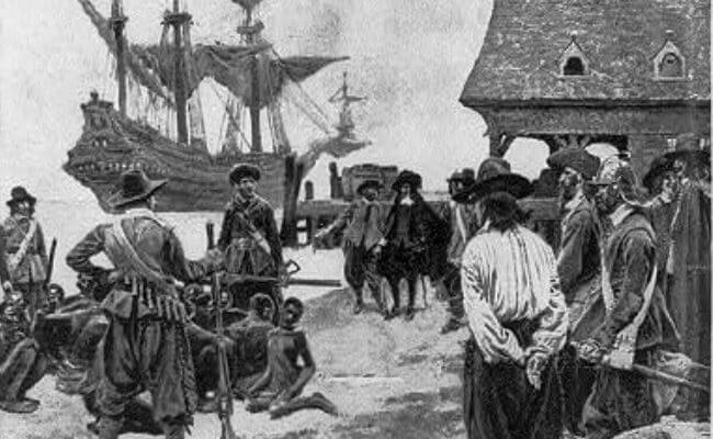 Depiction of Africans arriving in Jamestown in 1619