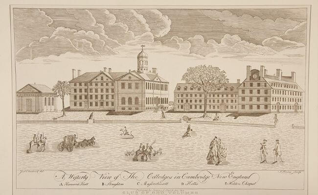 Historic depiction of Harvard College in Cambridge, Massachusetts
