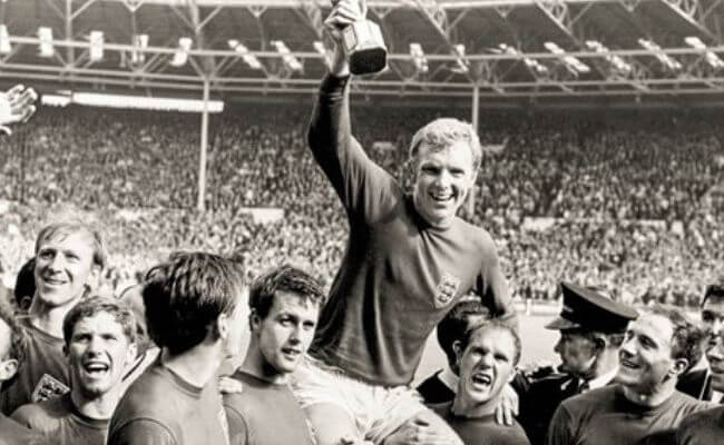 England lifts the 1966 FIFA World Cup trophy at Wembley Stadium